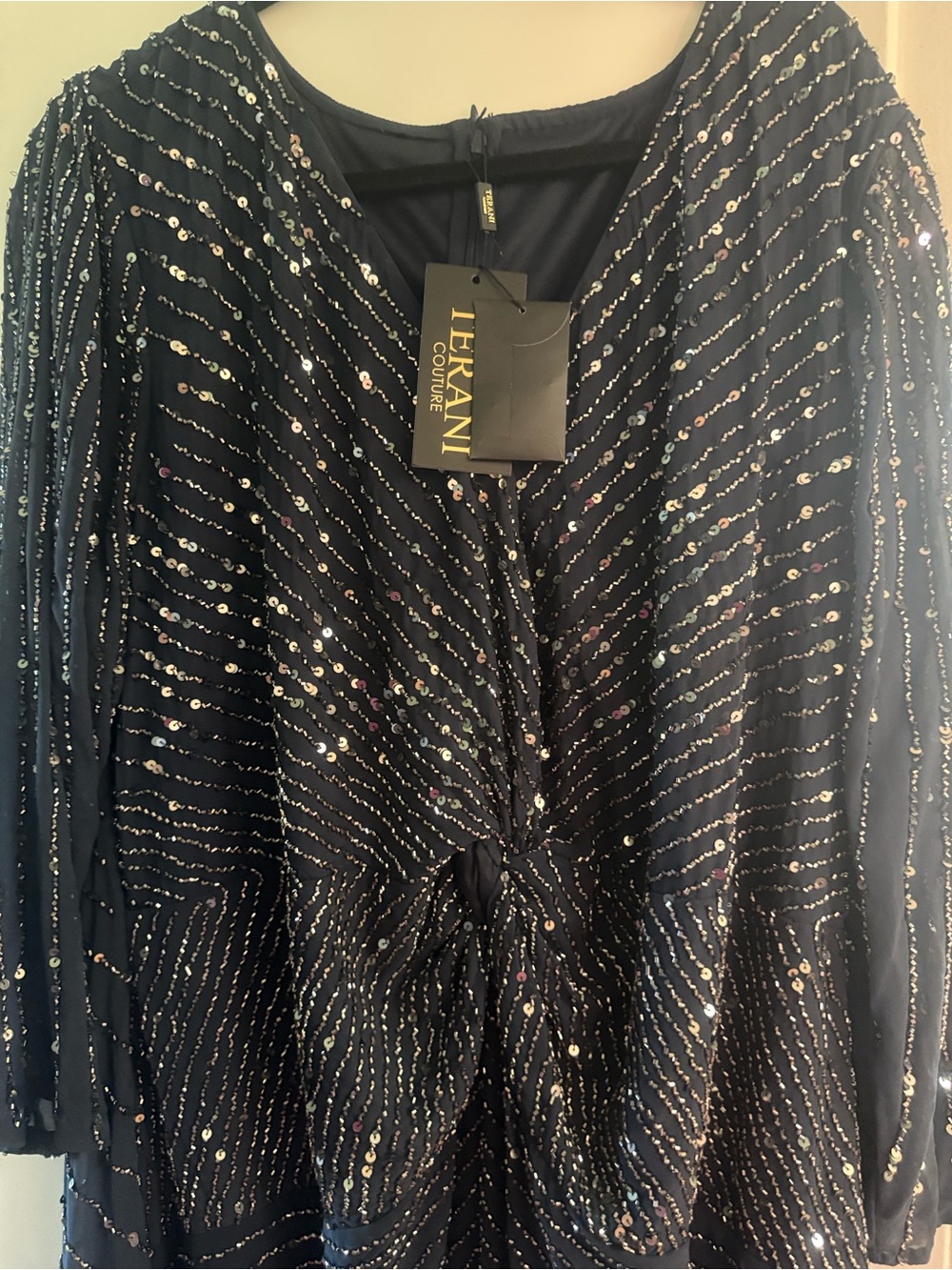 Terani Couture Navy Sequin V-Neck Evening Dress